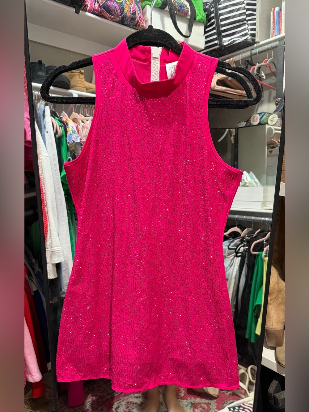 QUEEN OF SPARKLES Fuchsia Sequin High-Neck Active Dress with Built In Shorts